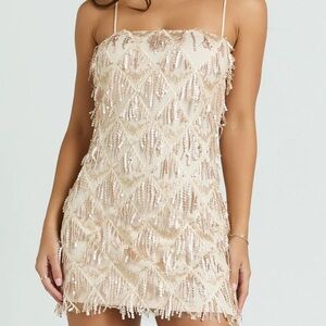 Showpo Gold Sequin Fringe Mini Dress